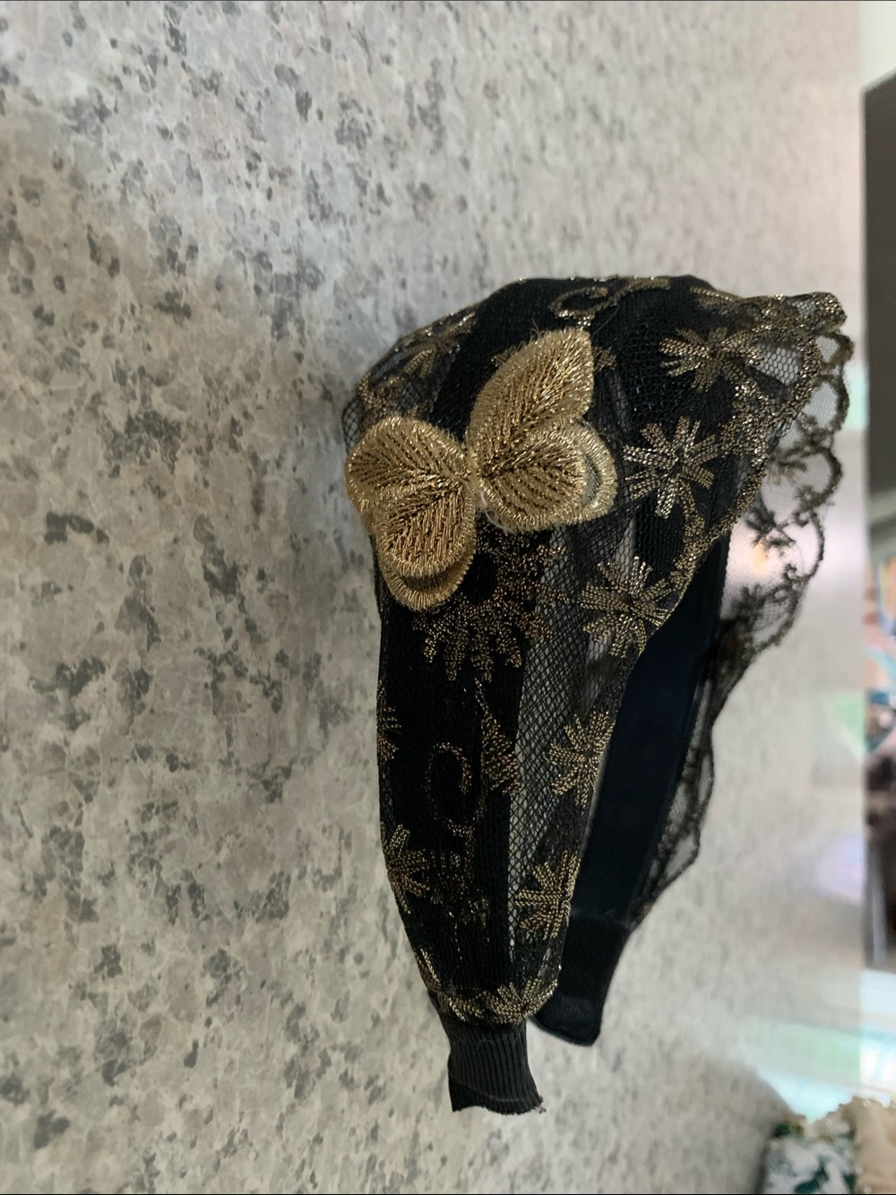 Black Lace Headband with Gold Butterfly Accent - Women Accessories